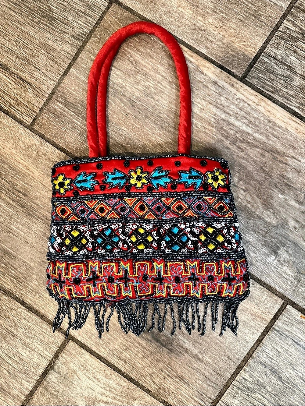 Beaded Embroidered Tote in Red & Multicolor